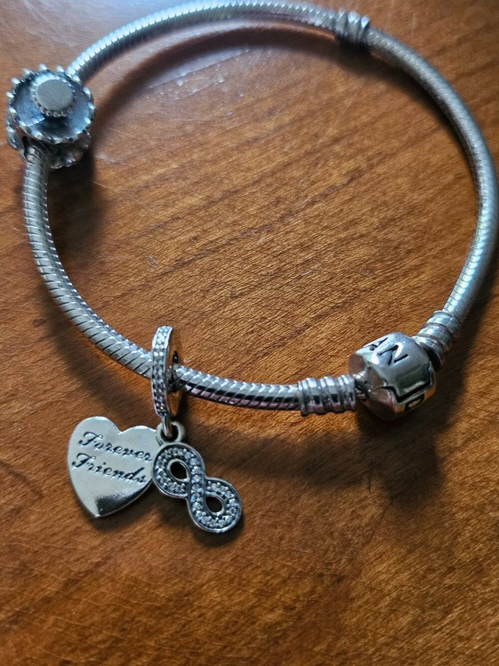 PANDORA SILVER BRACELET with ROUND BARREL CLASP and BIRTHDAY & FRIENDSHIP CHARMS